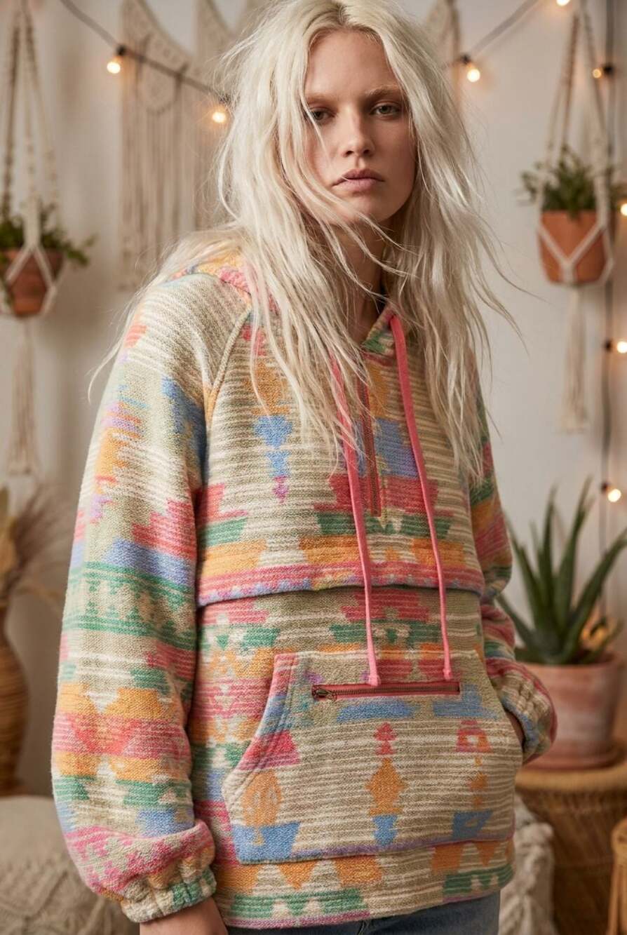 NEW Free People Aztec Print Half-Zip Pullover Hoodie Size L